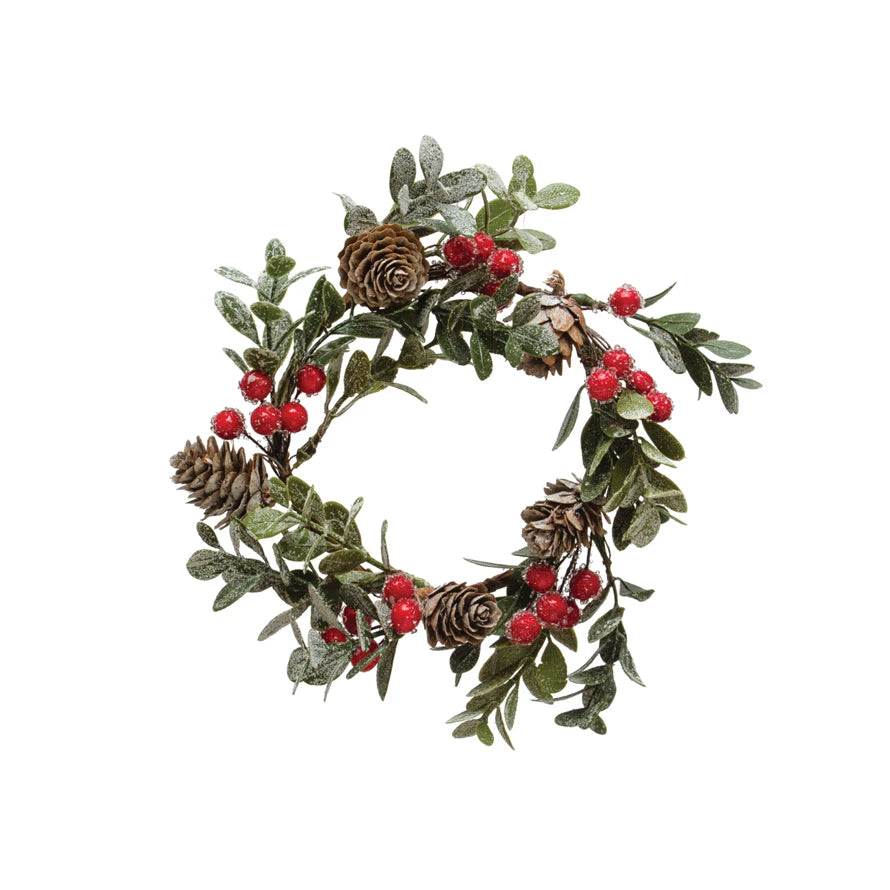 Boxwood Wreath w/ Natural Pinecones & Red Berries