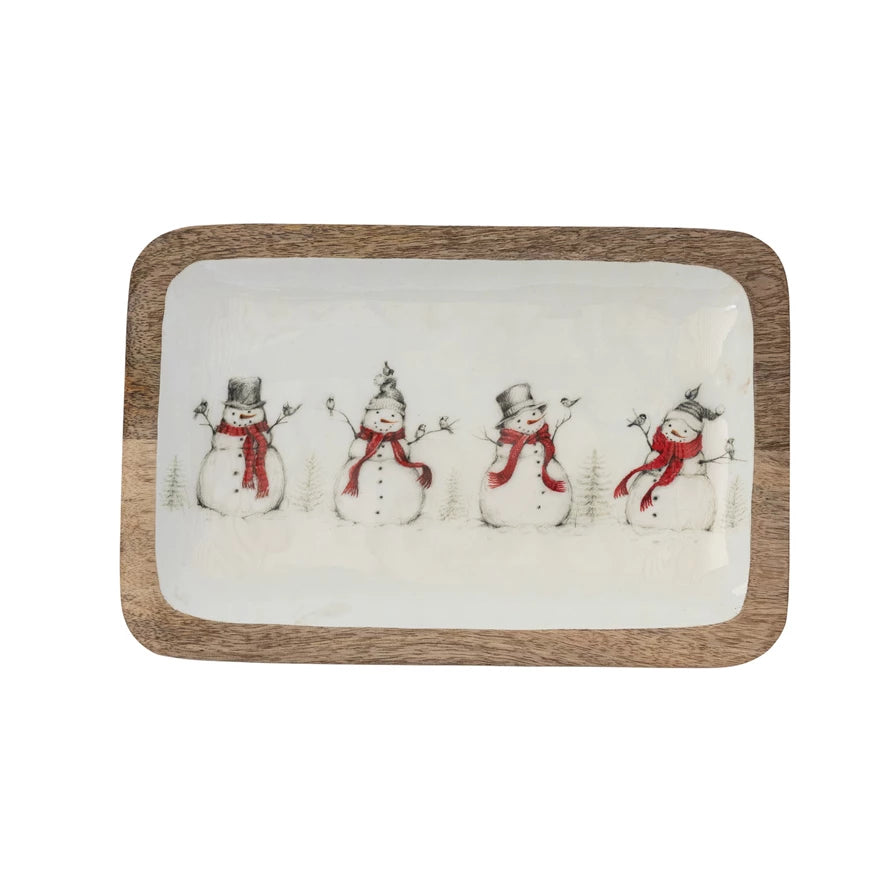 Enameled Mango Wood Tray with Snowmen & Birds