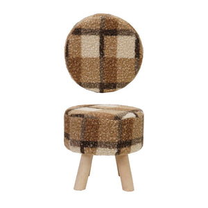 Sherpa Fabric Upholstered Stool with Pine Wood Feet Plaid