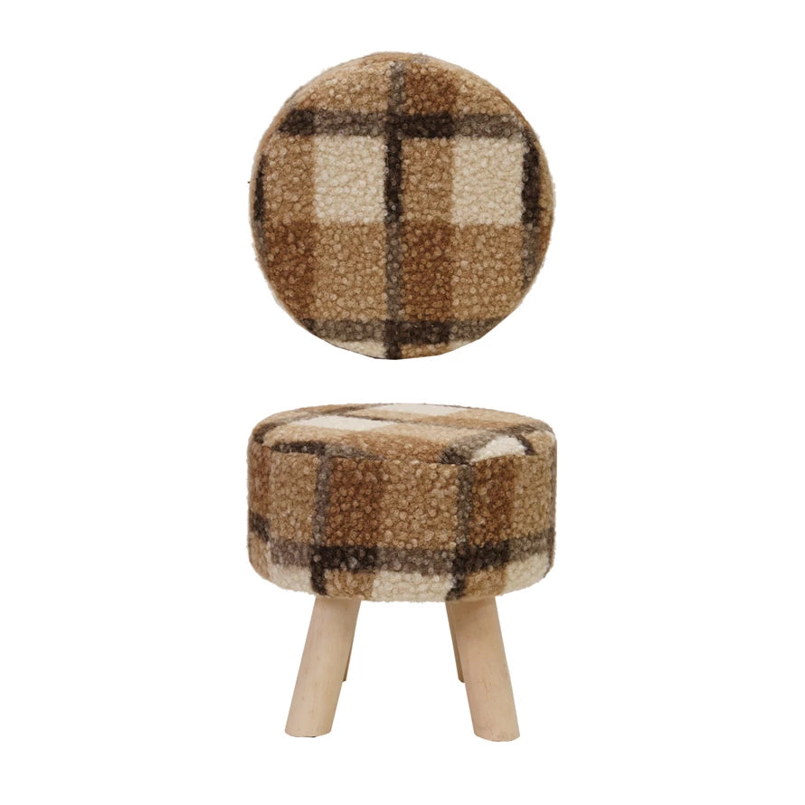 Sherpa Fabric Upholstered Stool with Pine Wood Feet Plaid