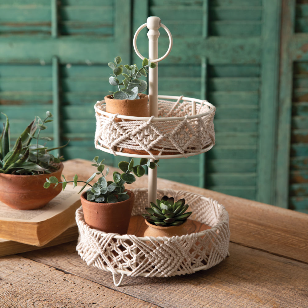 Two-Tier Wood & Macrame Tray