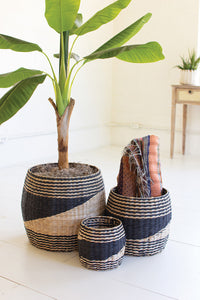 Black & Natural Seagrass Round Baskets