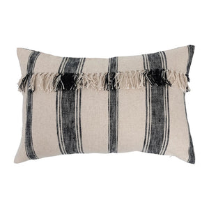 Black & Cream Woven Cotton Lumbar Pillow with Stripes and Fringe