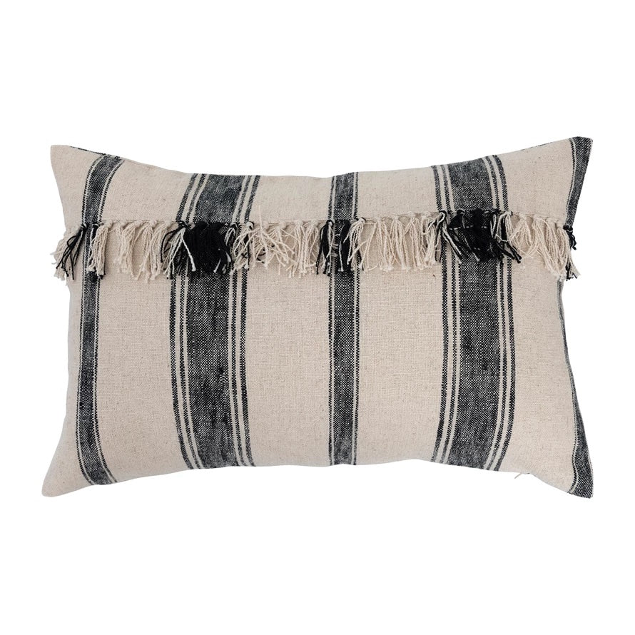 Black & Cream Woven Cotton Lumbar Pillow with Stripes and Fringe