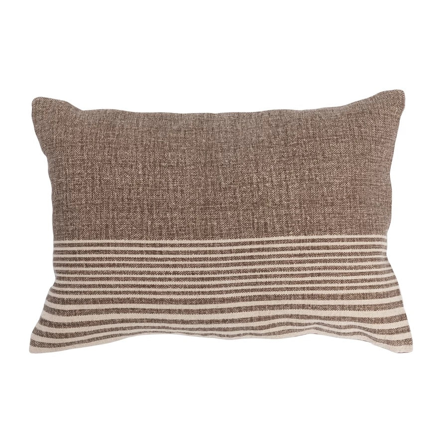 Cotton Blend Slub Lumbar Pillow with Stripes and Leather