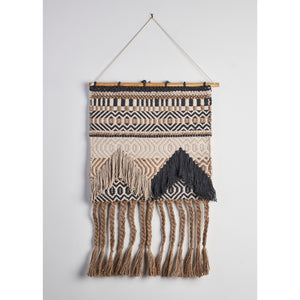 Beige and Charcoal Geometric Fringed Wall Hanging